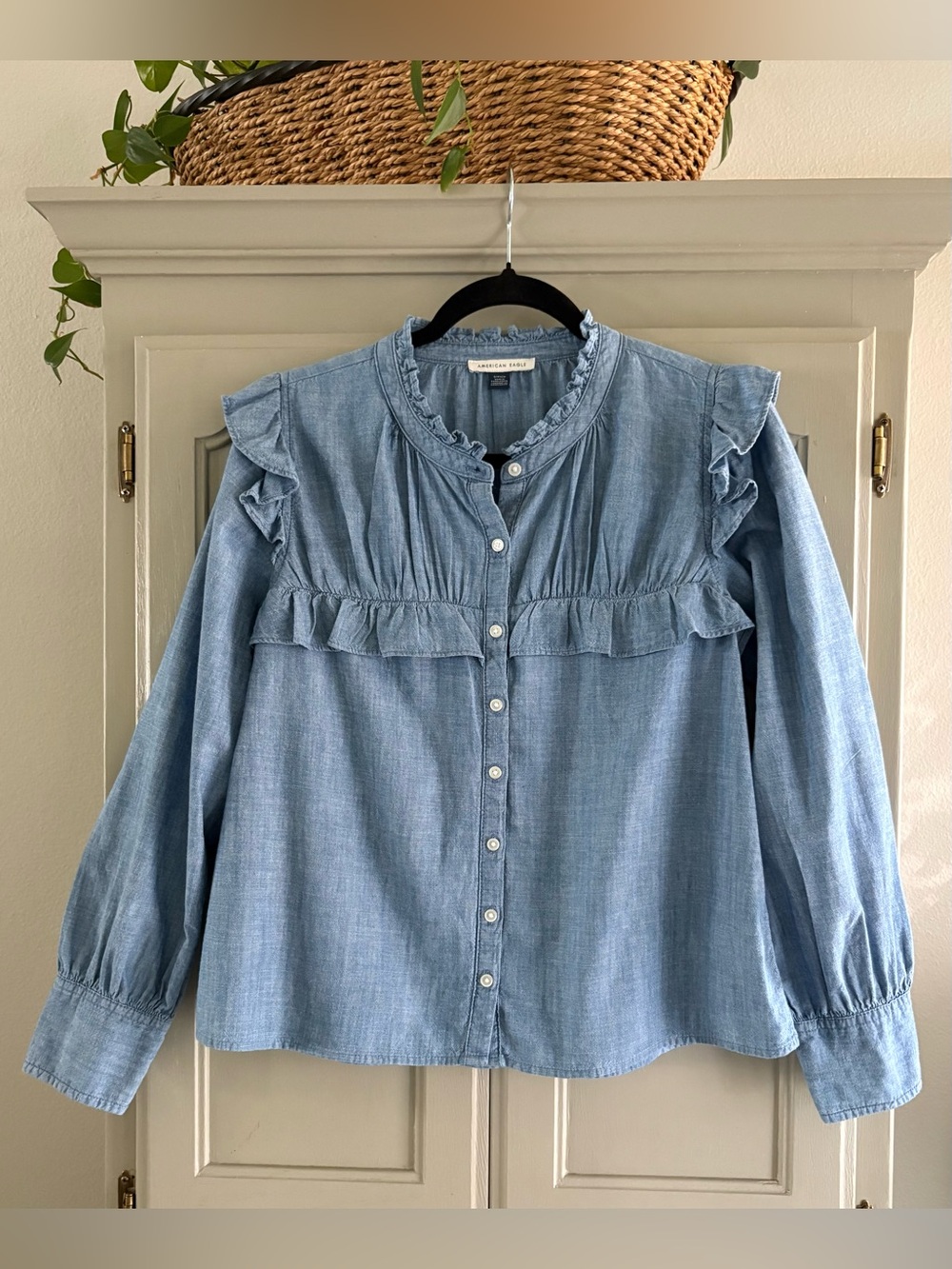 AE Ruffle Chambray Denim Blouse | 100% Cotton | Size Small